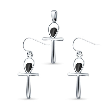 Cross Jewelry Set Pendant Earring Round Simulated Black Onyx 925 Sterling Silver